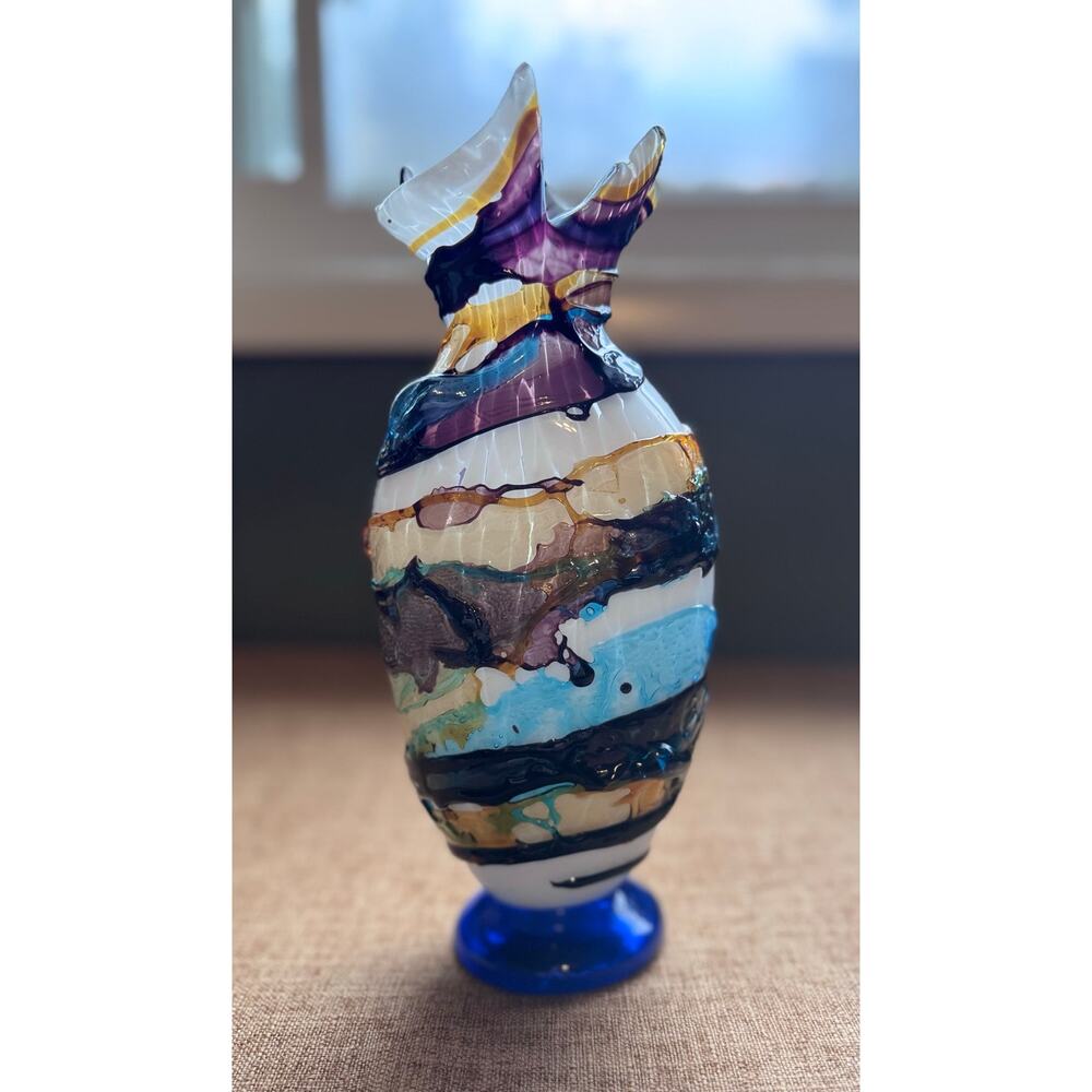 Stunning Multicolored Heavy Murano Glass Vase Signed